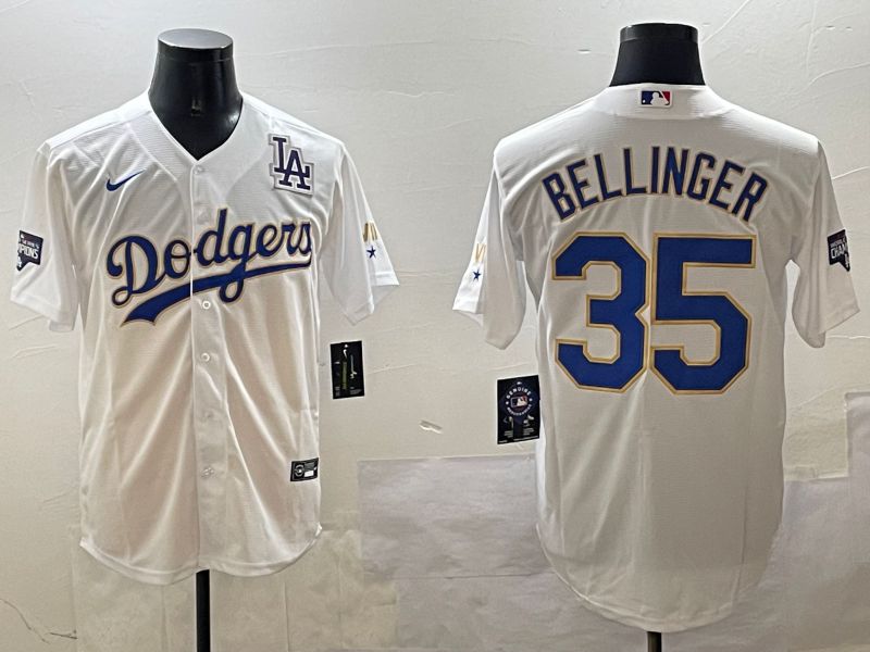 Men Los Angeles Dodgers #35 Bellinger White Gold Game 2025 Nike MLB Jersey style 9